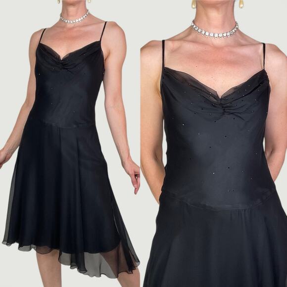 Bebe silk rhinestone beaded slip dress chiffon cocktail midi black ruched bust S - Picture 1 of 15